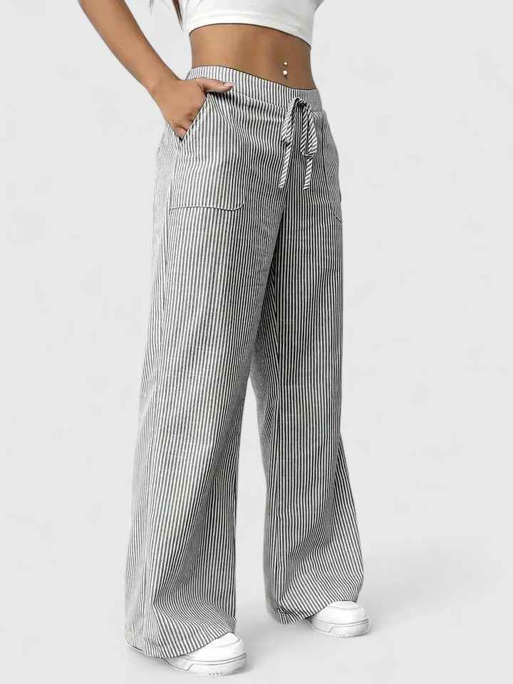 Women's Striped Wide-Leg Drawstring Trousers