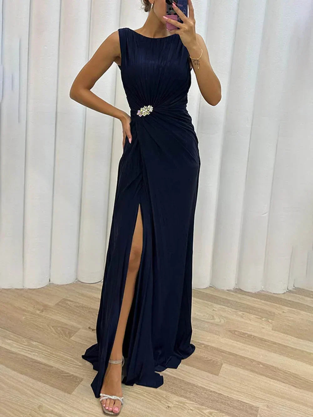 Women's Ruched High Slit Maxi Dress