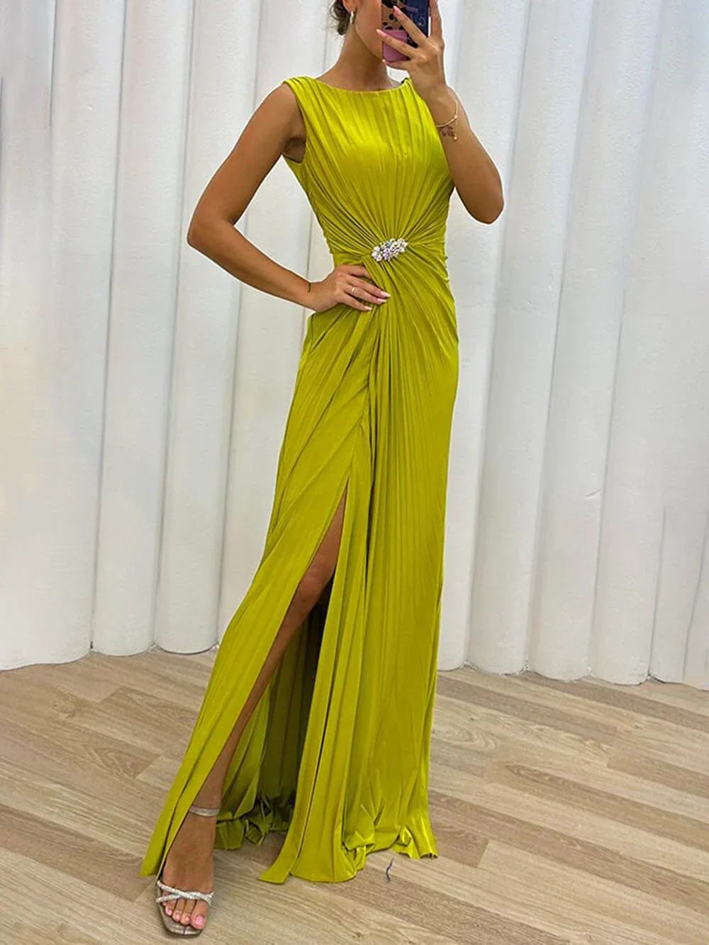 Women's Ruched High Slit Maxi Dress