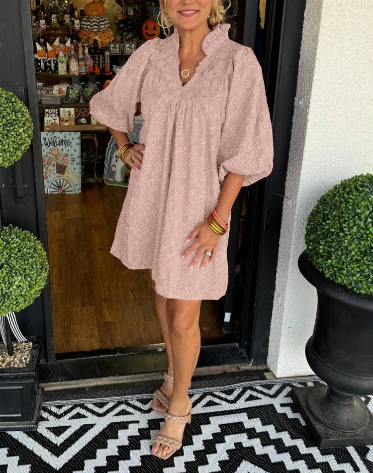 Covernorth Women’s Eyelet Lace V-Neck Puff Sleeve Tunic Dress