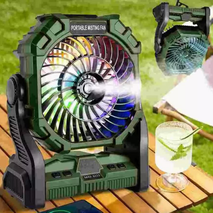 Portable Camping Fan │ Misting, LED & USB Port │ Tent & Outdoor