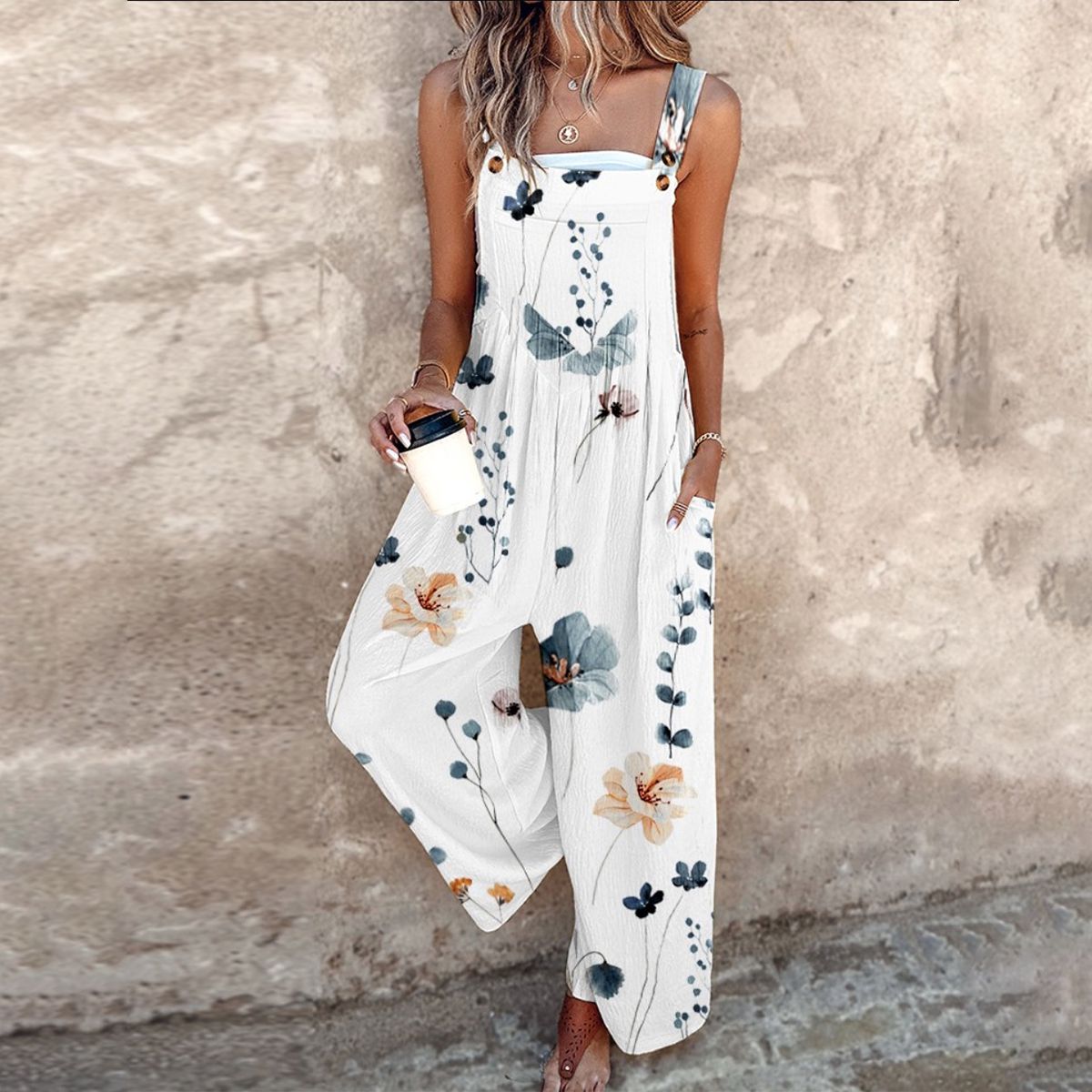 Women Floral Print Wide Leg Jumpsuit
