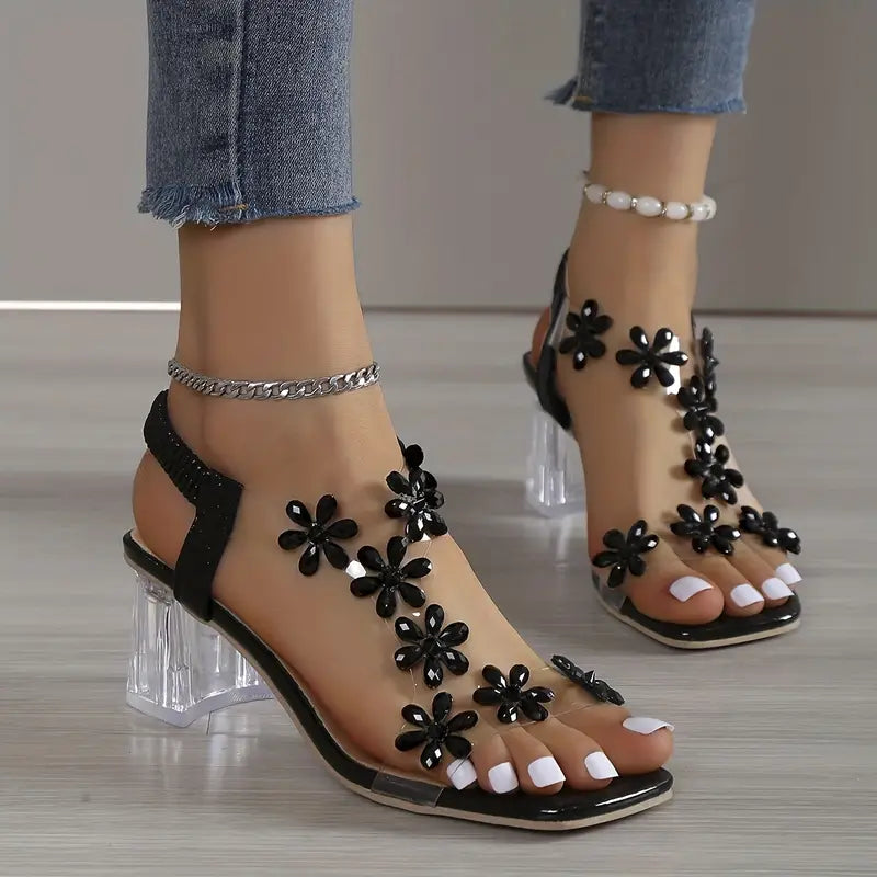 Covernorth Women's Rhinestone Flower Clear Block Heel Sandals