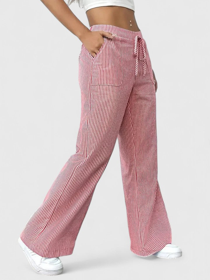 Women's Striped Wide-Leg Drawstring Trousers