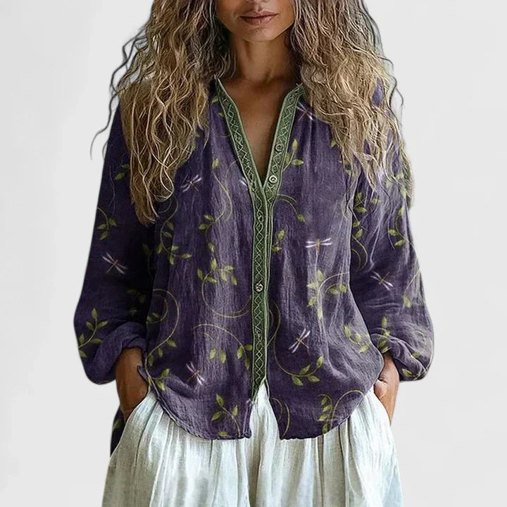 Women's Floral Print Linen V-Neck Blouse