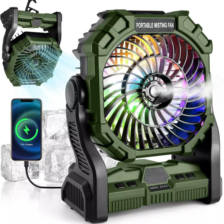 Portable Camping Fan │ Misting, LED & USB Port │ Tent & Outdoor