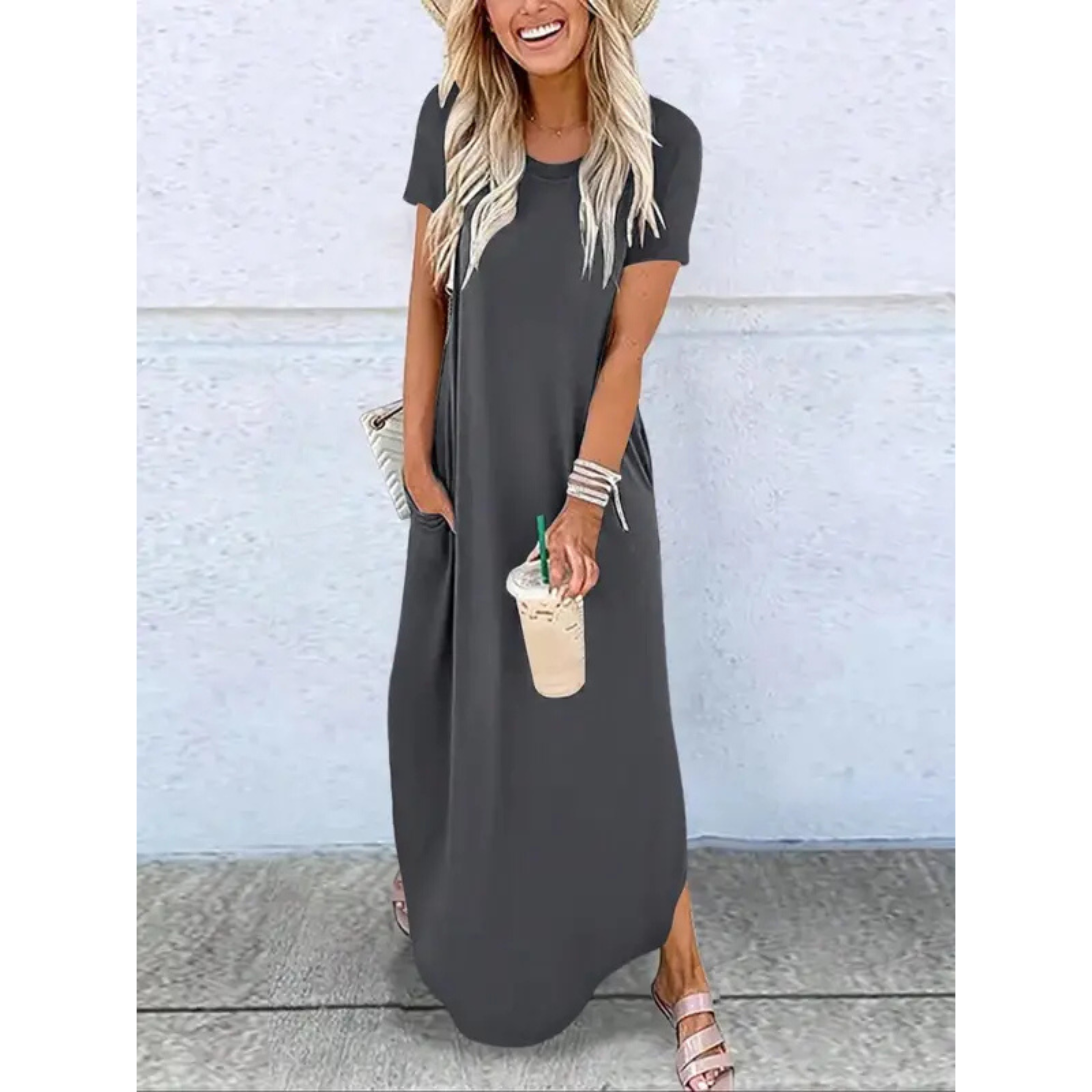 Women's Short Sleeve Maxi Dress with Pockets