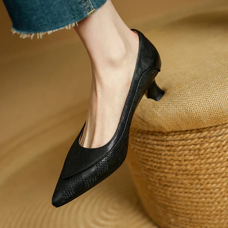 Women's Leather Kitten Heel Pumps Pointed Toe Shoes