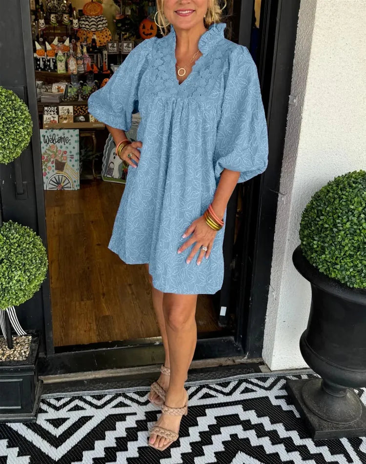 Covernorth Women’s Eyelet Lace V-Neck Puff Sleeve Tunic Dress
