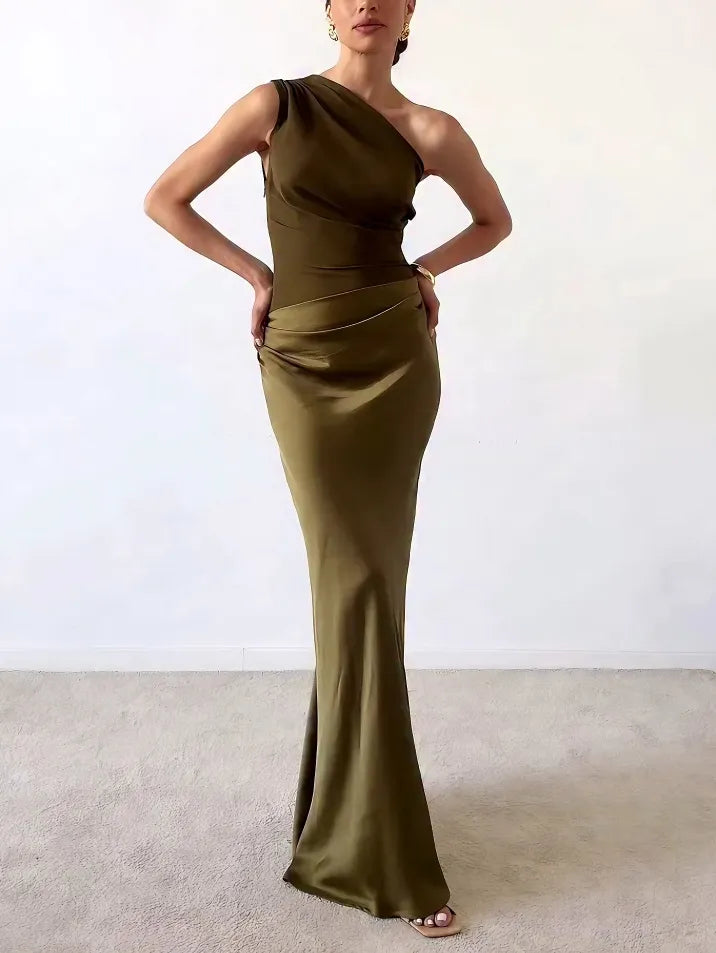 Covernorth One-Shoulder Ruched Satin Maxi Dress