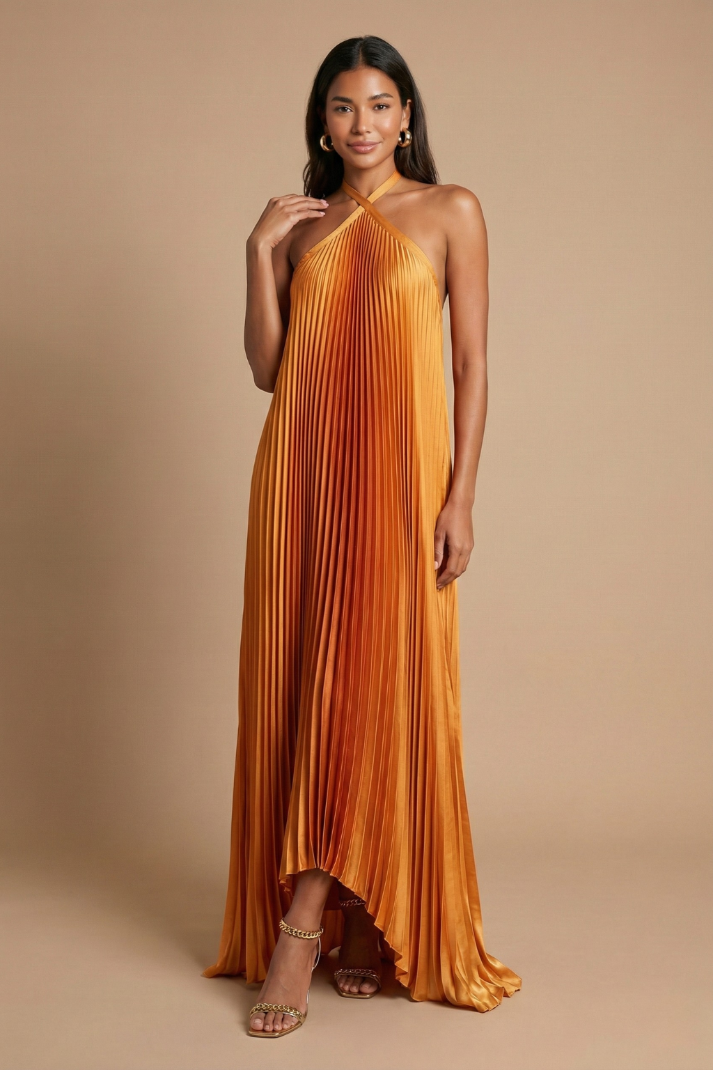 Women's Cross-Front Pleated Halter Maxi Dress
