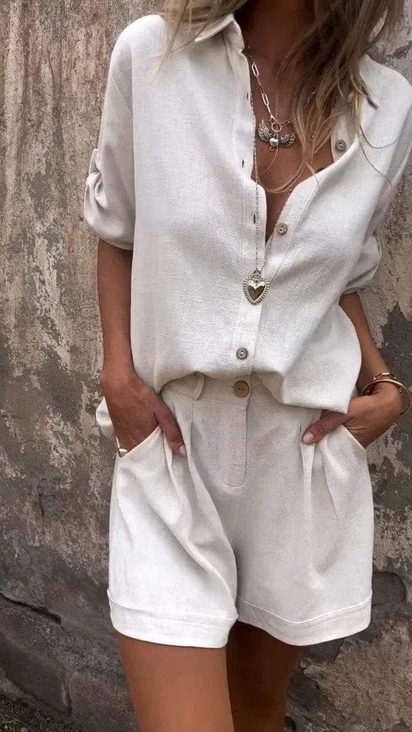 Women's Textured Button Down Shirt and Shorts Set