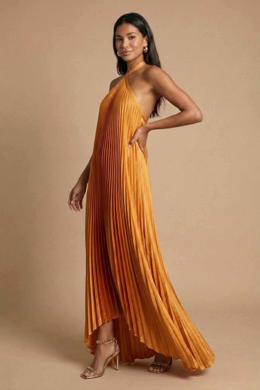 Women's Cross-Front Pleated Halter Maxi Dress