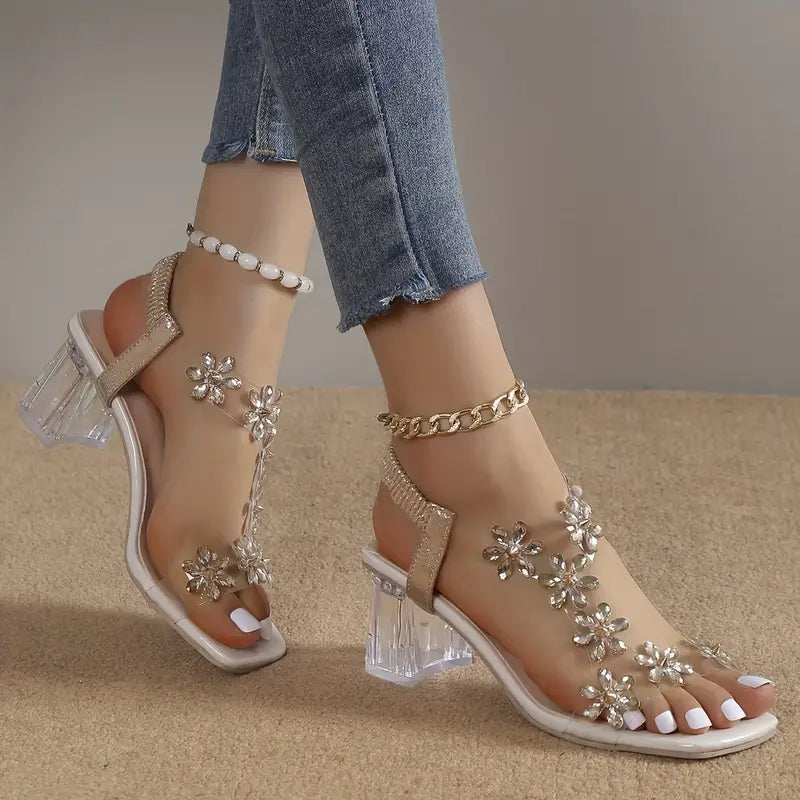 Covernorth Women's Rhinestone Flower Clear Block Heel Sandals