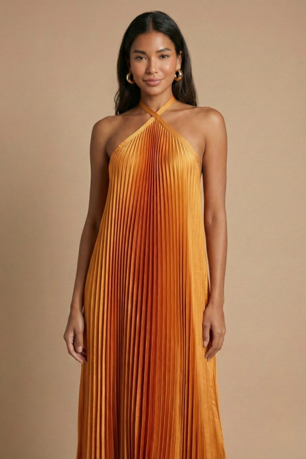 Women's Cross-Front Pleated Halter Maxi Dress