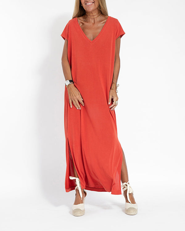 Women V Neck Maxi Dress Side Slit Short Sleeve
