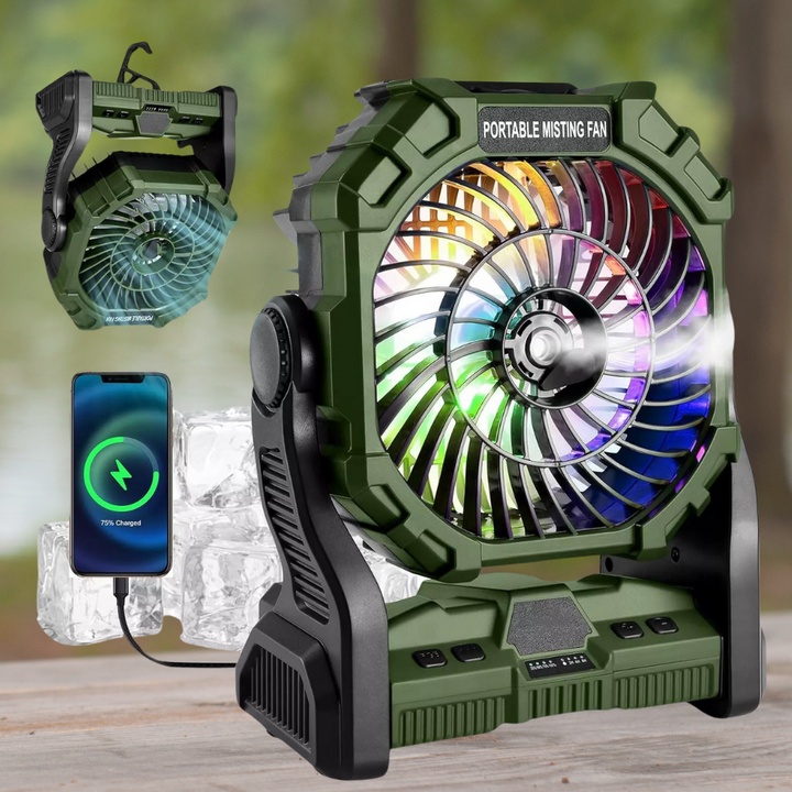 Portable Camping Fan │ Misting, LED & USB Port │ Tent & Outdoor