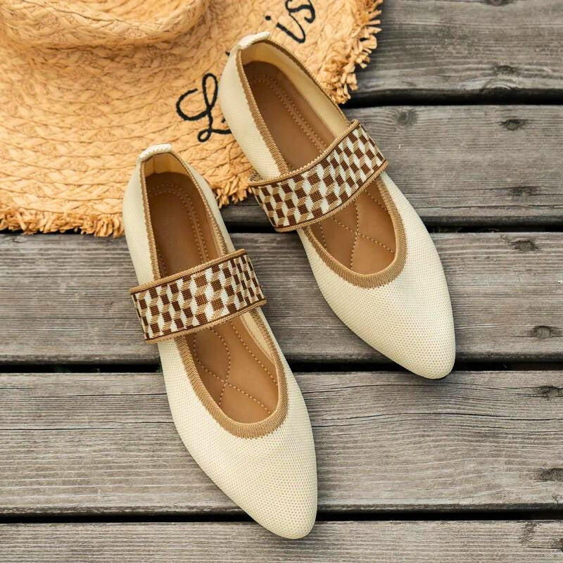 Women's Checkered-Strap Pointed-Toe Flats