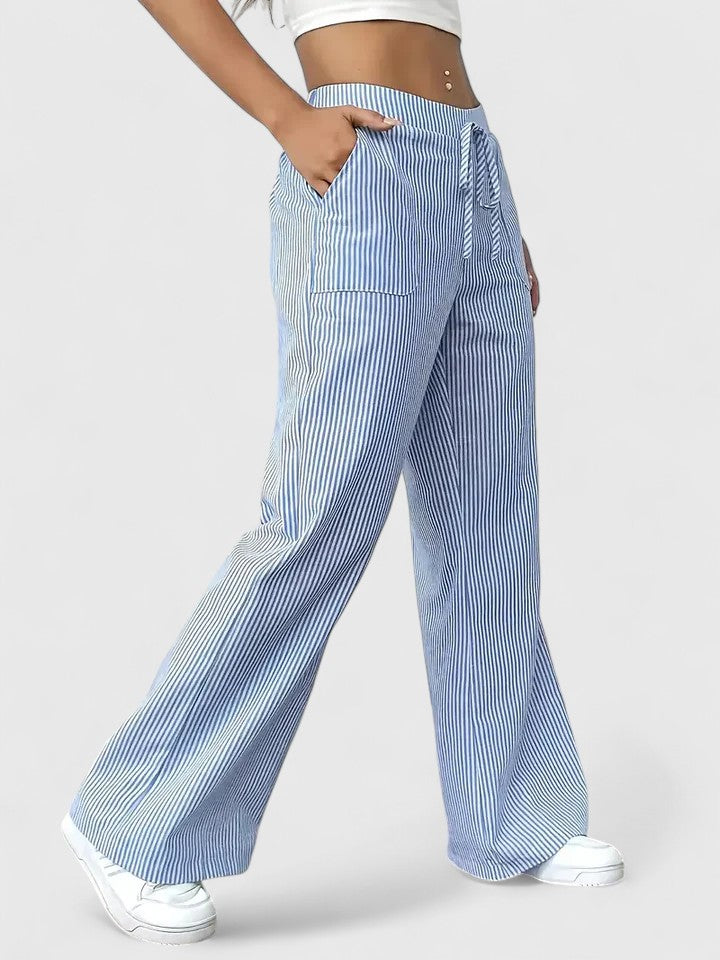 Women's Striped Wide-Leg Drawstring Trousers