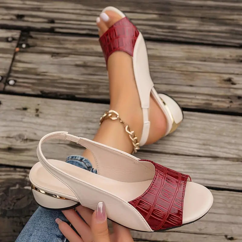 Women's Crocodile-Embossed Slingback Low Block Heel Sandals