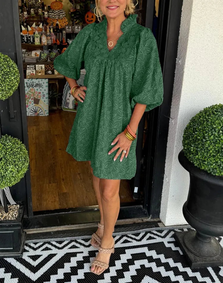 Covernorth Women’s Eyelet Lace V-Neck Puff Sleeve Tunic Dress