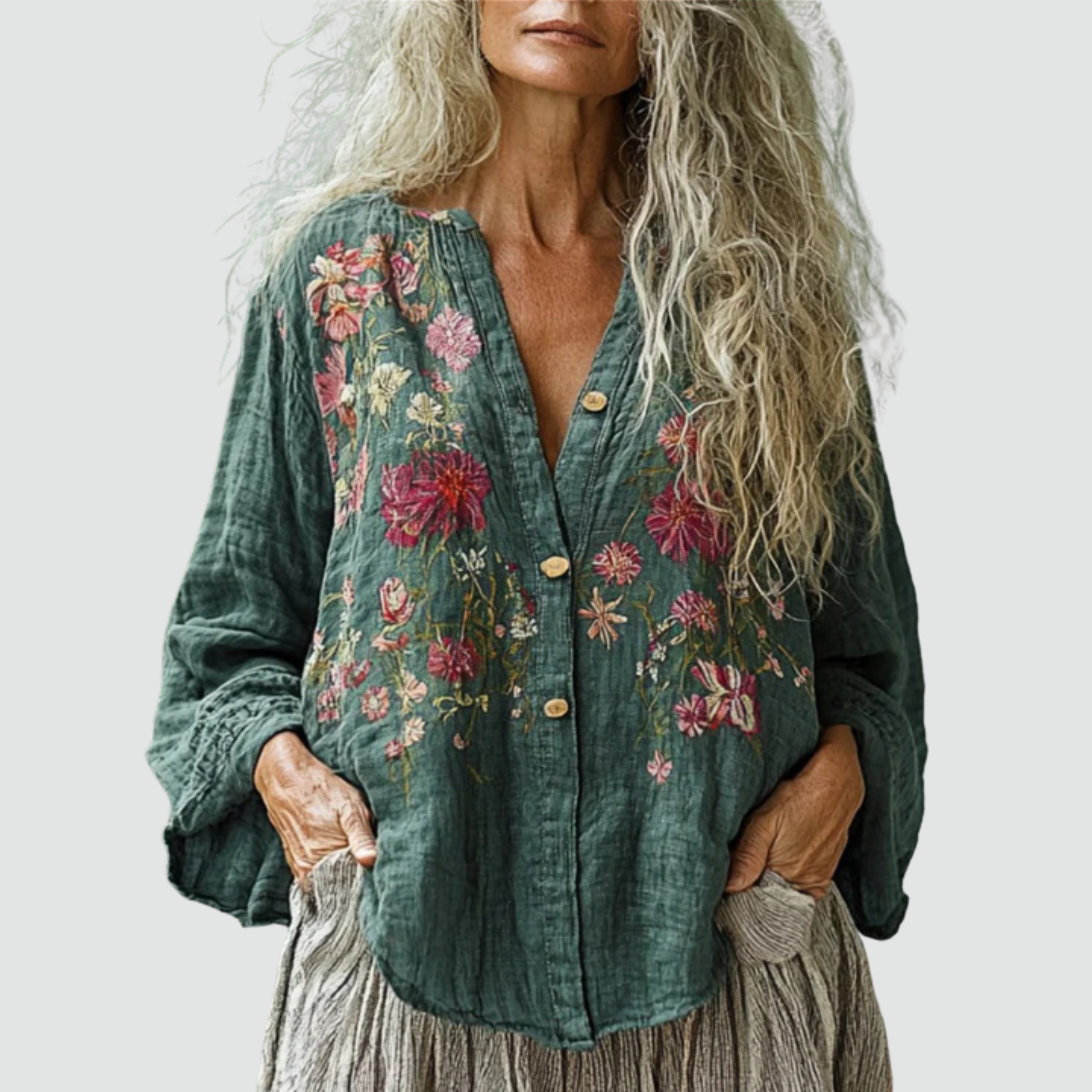Women's Floral Print Linen V-Neck Blouse