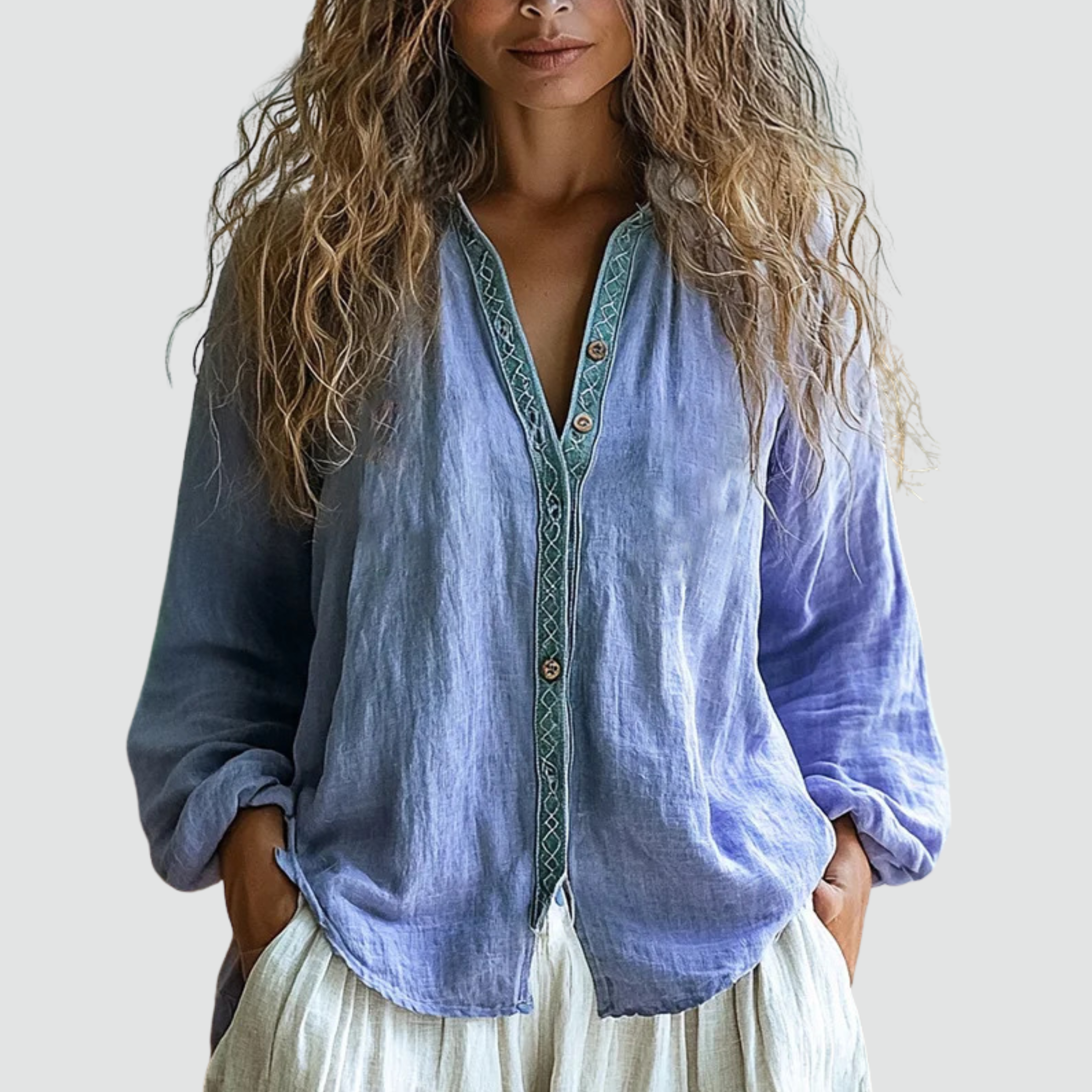 Women's Floral Print Linen V-Neck Blouse