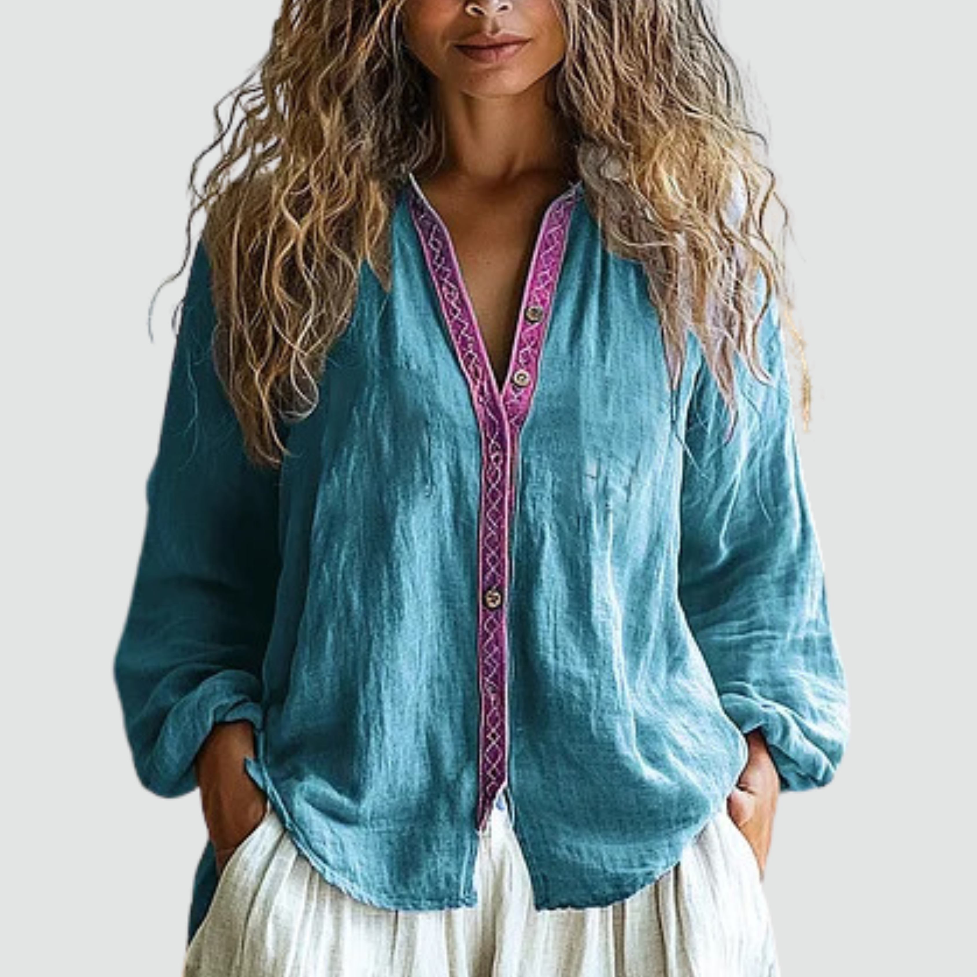 Women's Floral Print Linen V-Neck Blouse