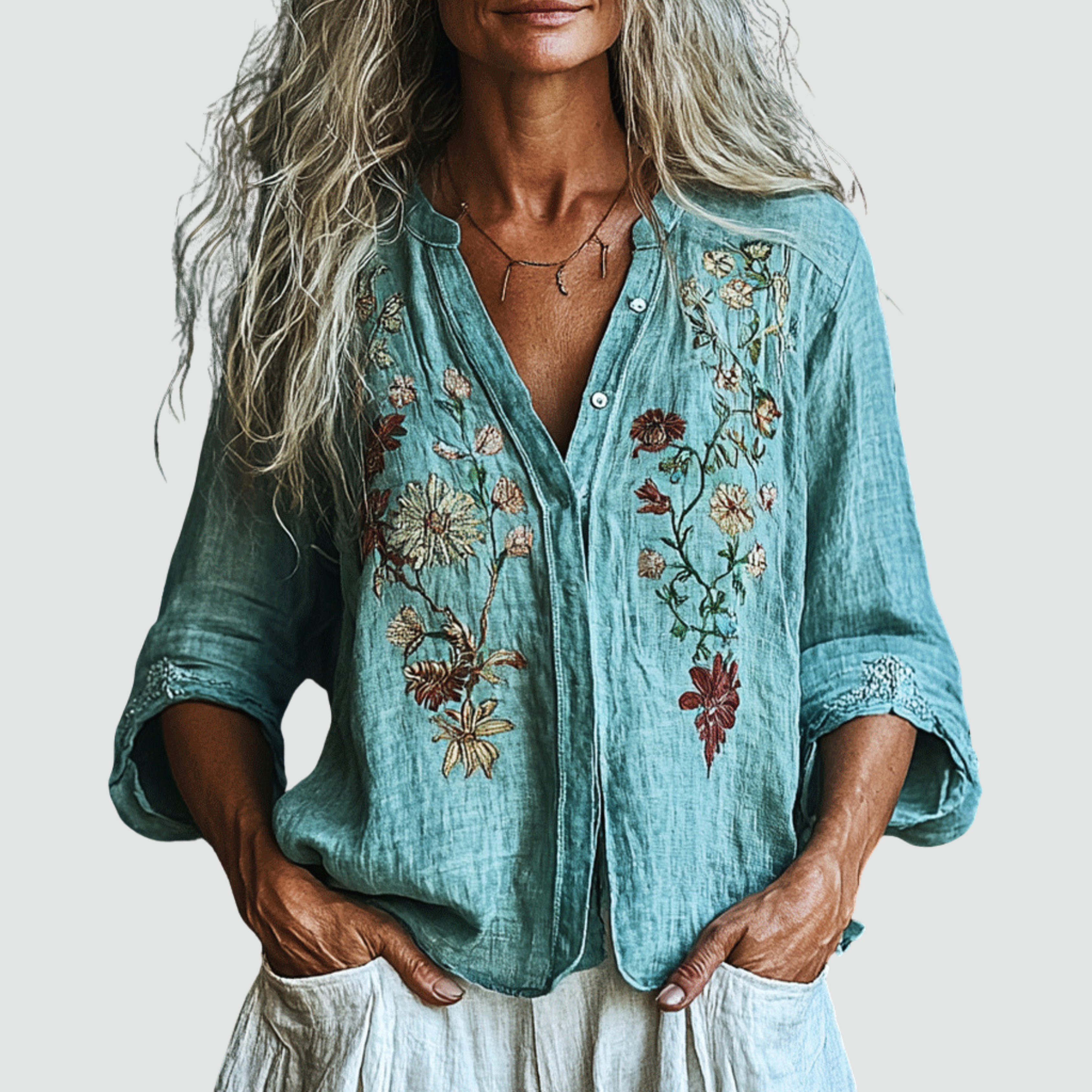 Women's Floral Print Linen V-Neck Blouse