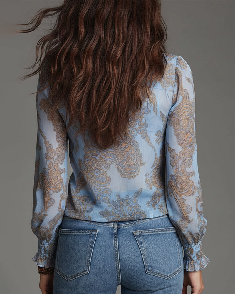 Women’s Ruffle V-Neck Paisley Blouse