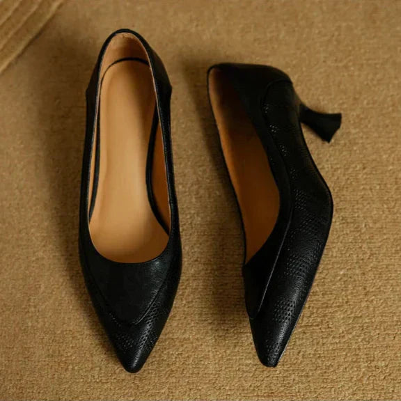 Women's Leather Kitten Heel Pumps Pointed Toe Shoes