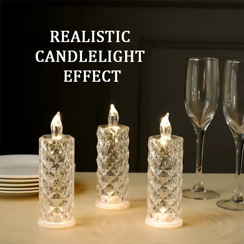 Crystal LED Candle | Flickering Flame Glow | Dining Table & Party | Clear