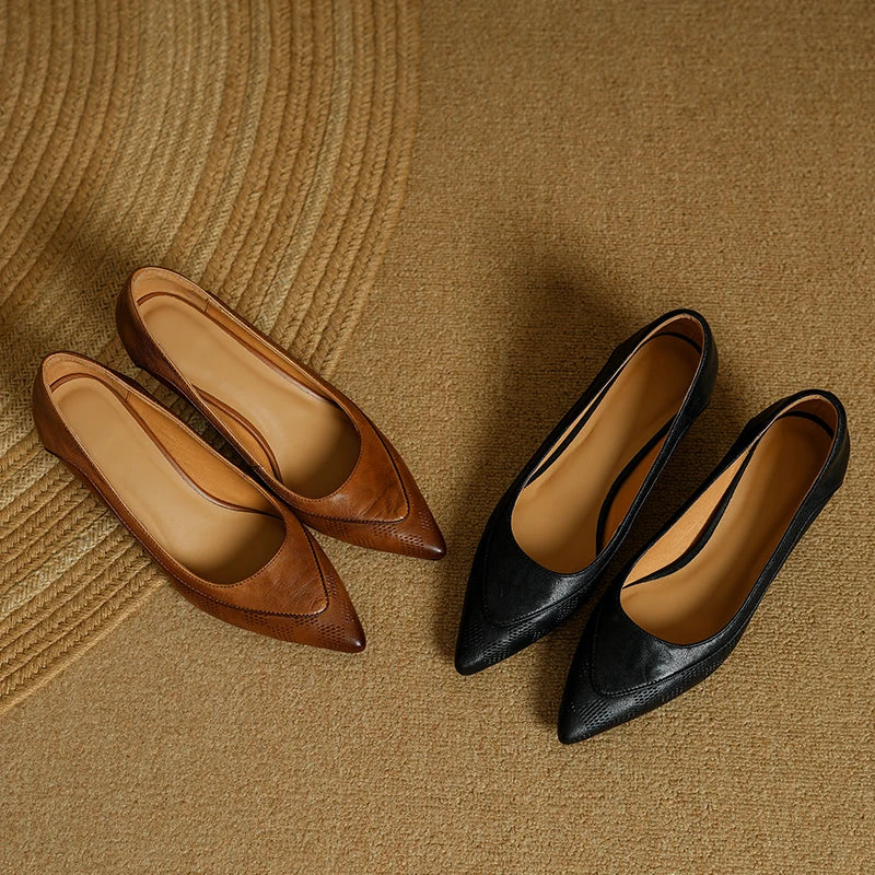 Women's Leather Kitten Heel Pumps Pointed Toe Shoes