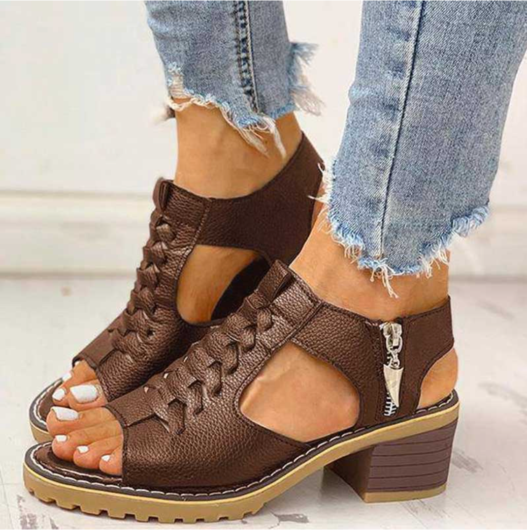 Women Block Heel Cutout Peep Toe Sandals