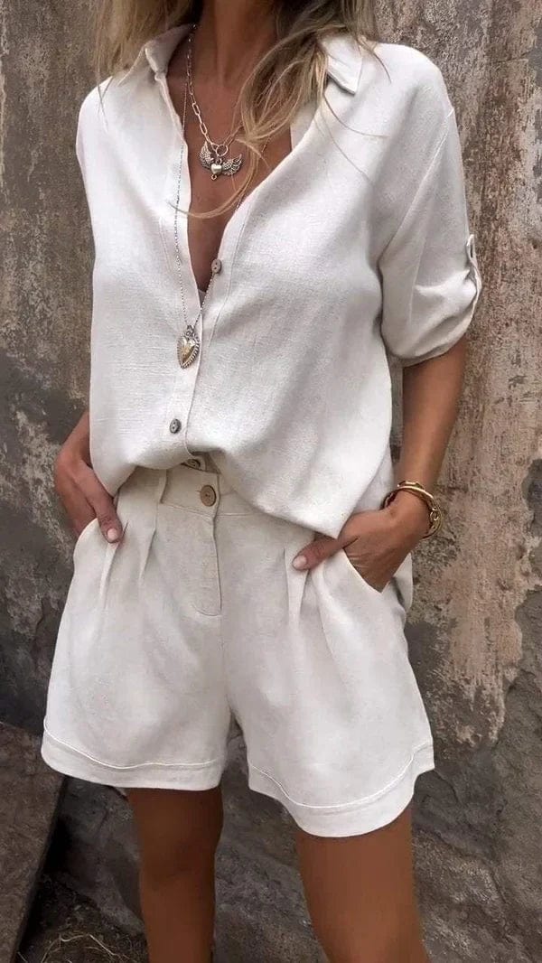 Women's Textured Button Down Shirt and Shorts Set