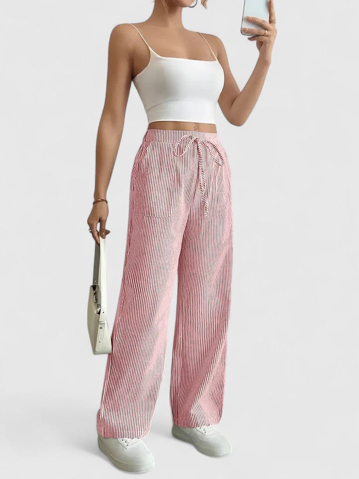 Women's Striped Wide-Leg Drawstring Trousers