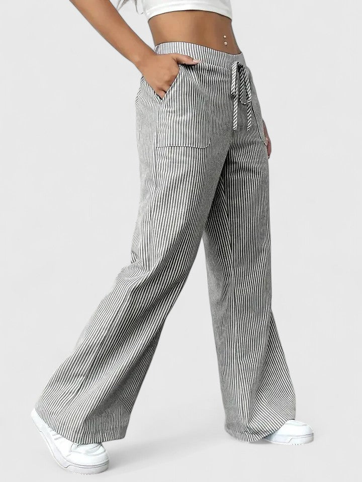Women's Striped Wide-Leg Drawstring Trousers