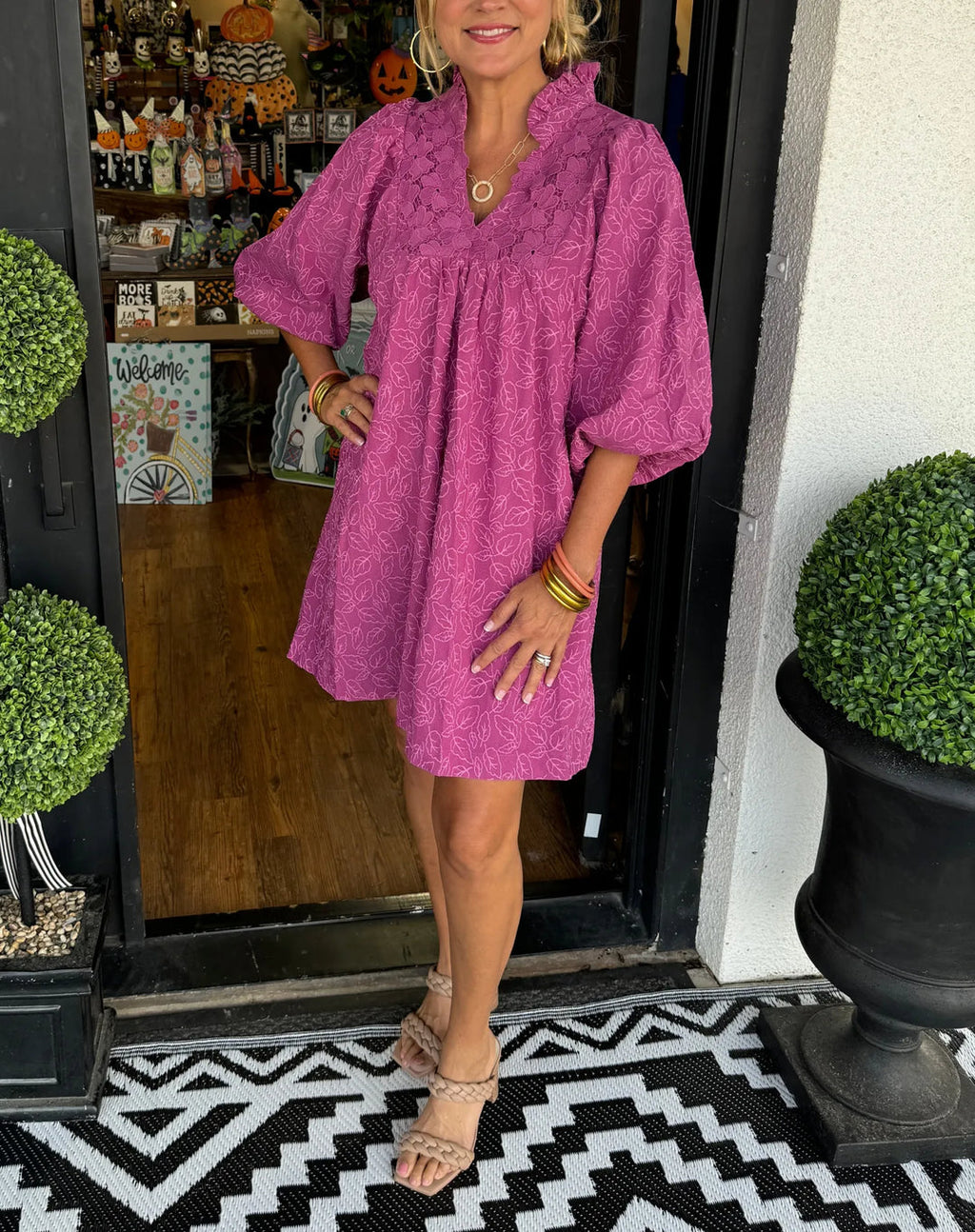 Covernorth Women’s Eyelet Lace V-Neck Puff Sleeve Tunic Dress