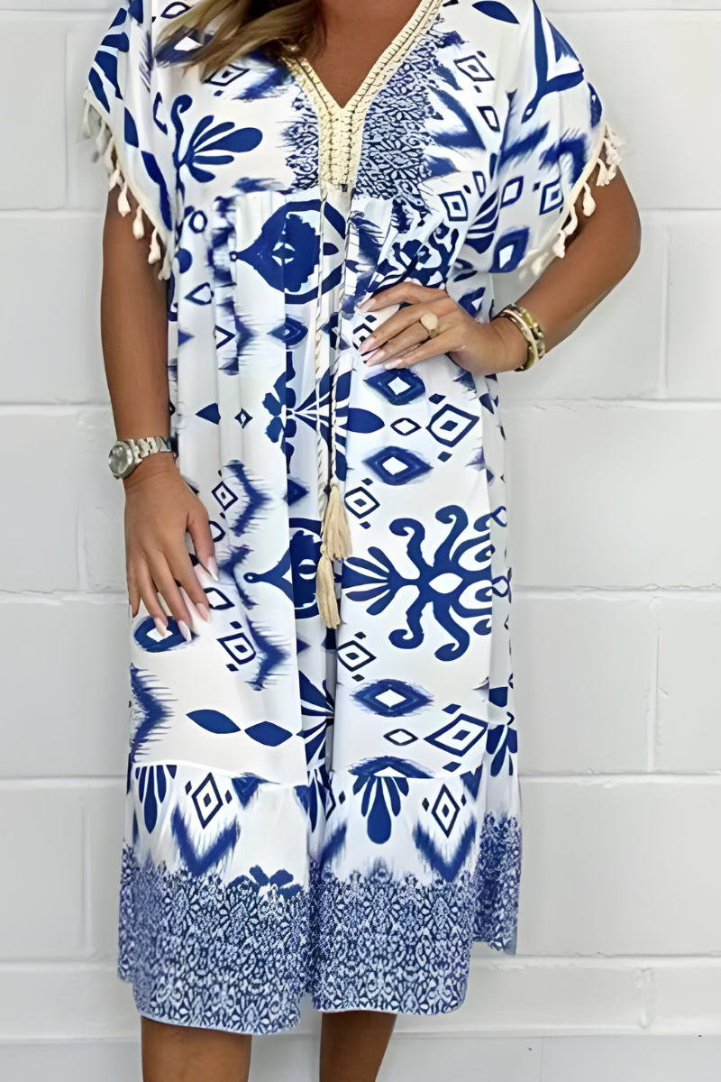 Women Printed Kaftan Tunic V Neck Tassel Dress