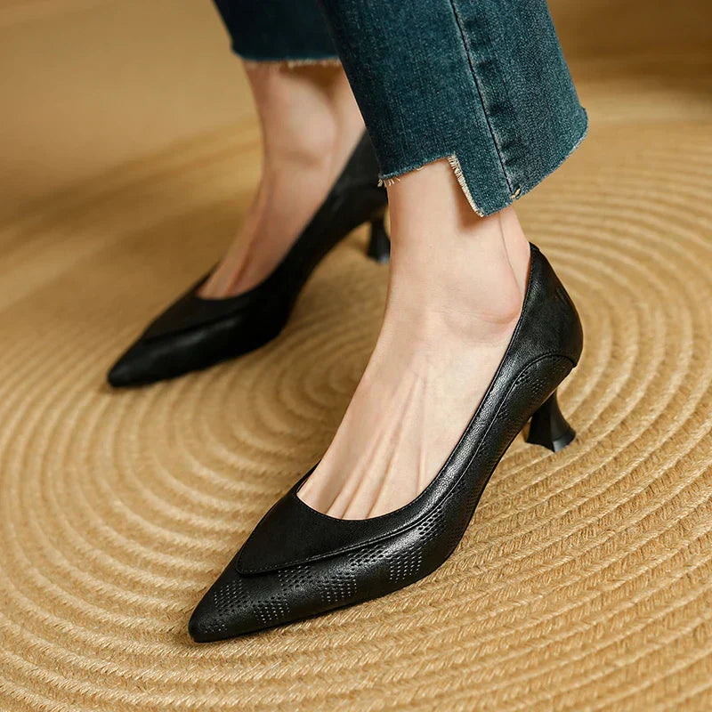 Women's Leather Kitten Heel Pumps Pointed Toe Shoes