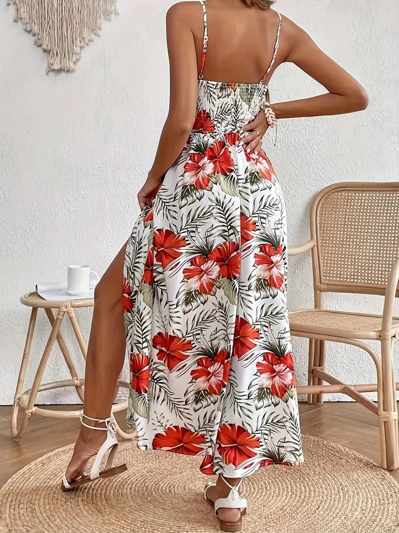 Covernorth Women's Tropical Leaf Print Crochet Waist Maxi Dress
