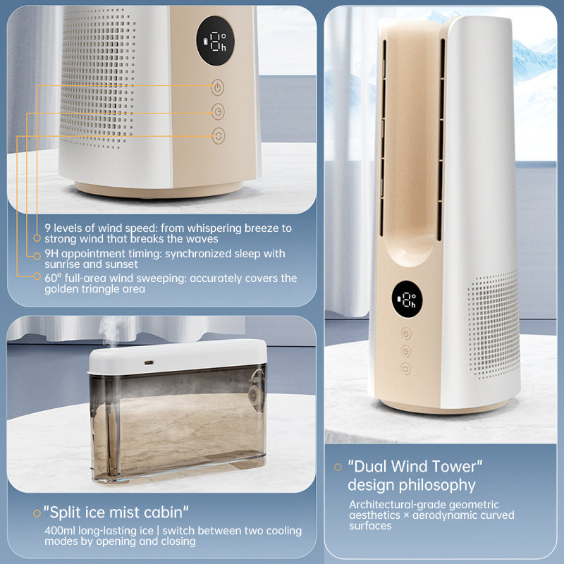 Ice Mist Portable Tower Fan │ Cooling, Bladeless, Quiet │ Bedroom & Office