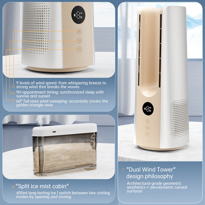 Ice Mist Portable Tower Fan │ Cooling, Bladeless, Quiet │ Bedroom & Office