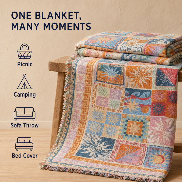 Boho Woven Throw Blanket | Soft Fringe Cozy Comfort | Picnic, Sofa & Bed