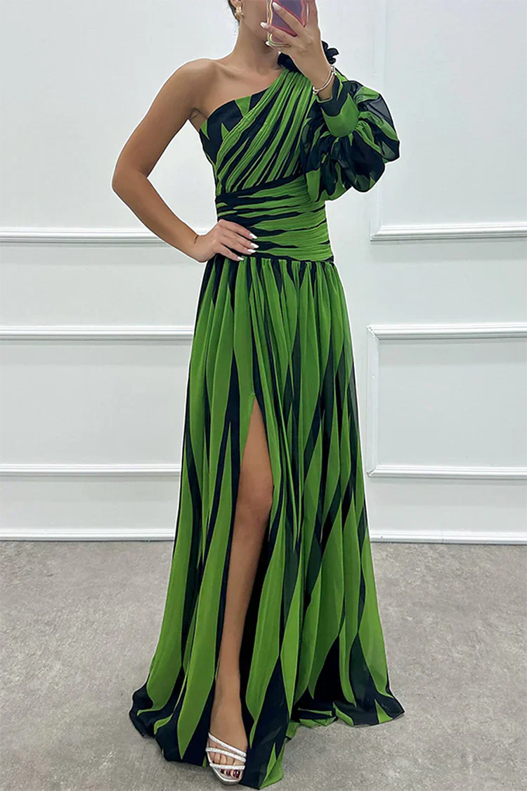 Women's One-Shoulder Puff Sleeve High-Slit Maxi Dress