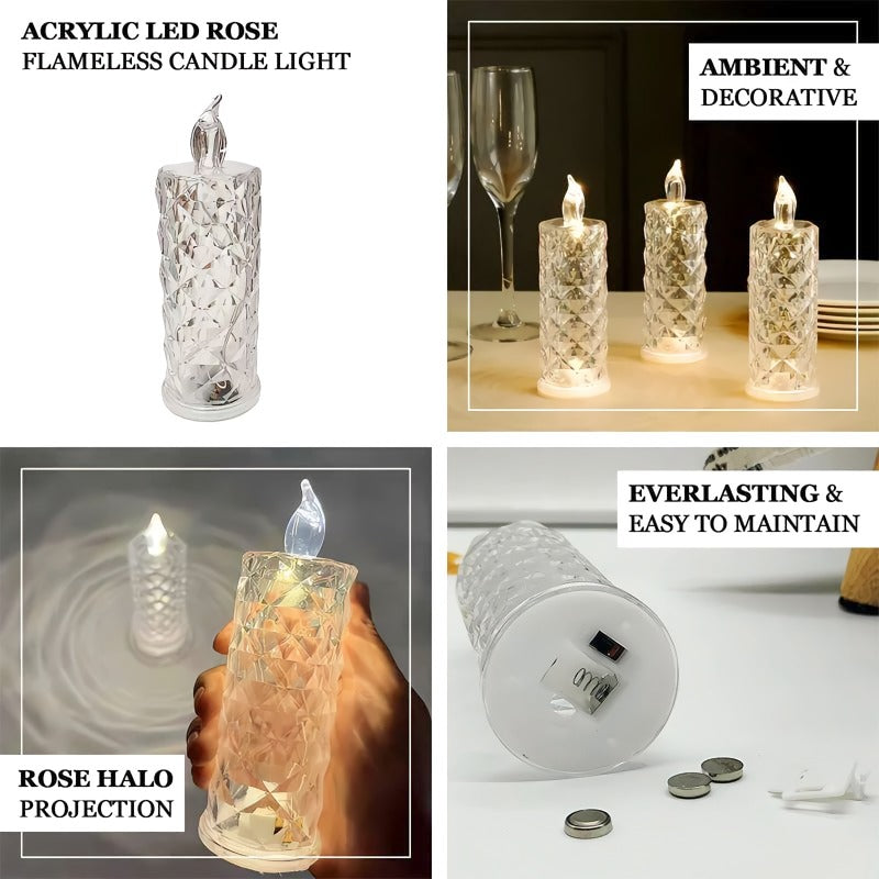 Crystal LED Candle | Flickering Flame Glow | Dining Table & Party | Clear