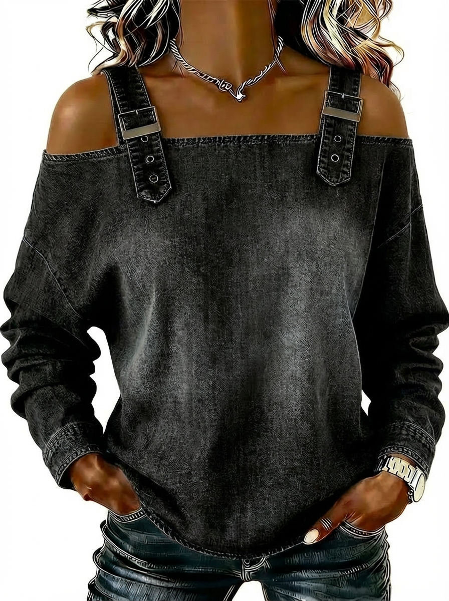 Women's Off-Shoulder Denim Top with Buckle Straps