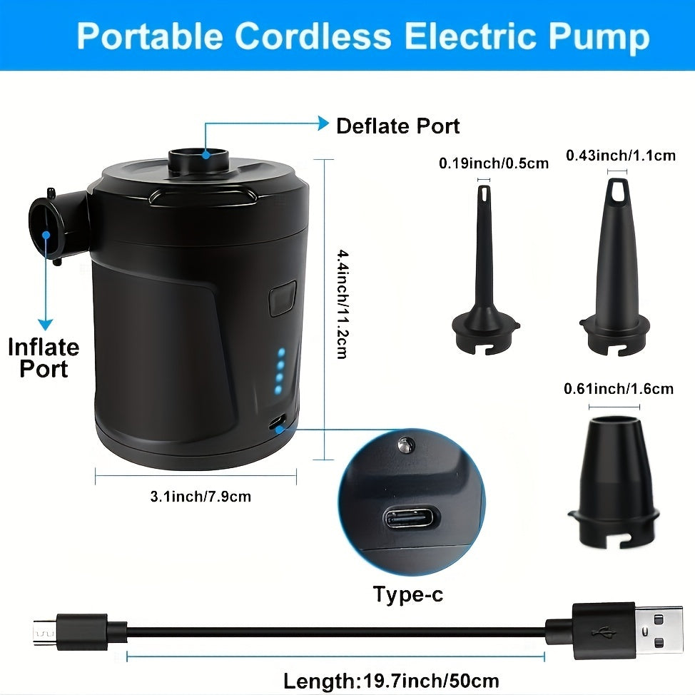 Portable Air Pump | Cordless USB Rechargeable | Camping & Pool | Black