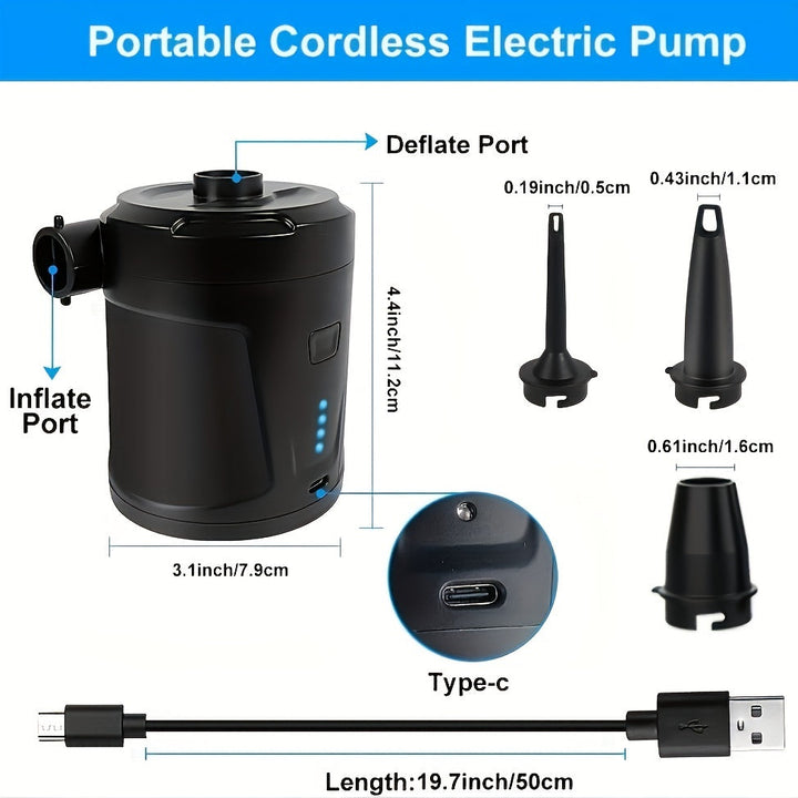 Portable Air Pump | Cordless USB Rechargeable | Camping & Pool | Black