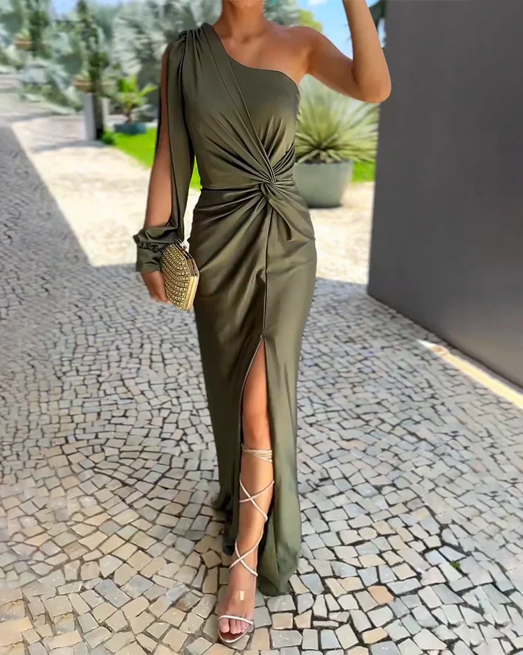 Covernorth Women's One-Shoulder Knotted Satin Maxi Dress